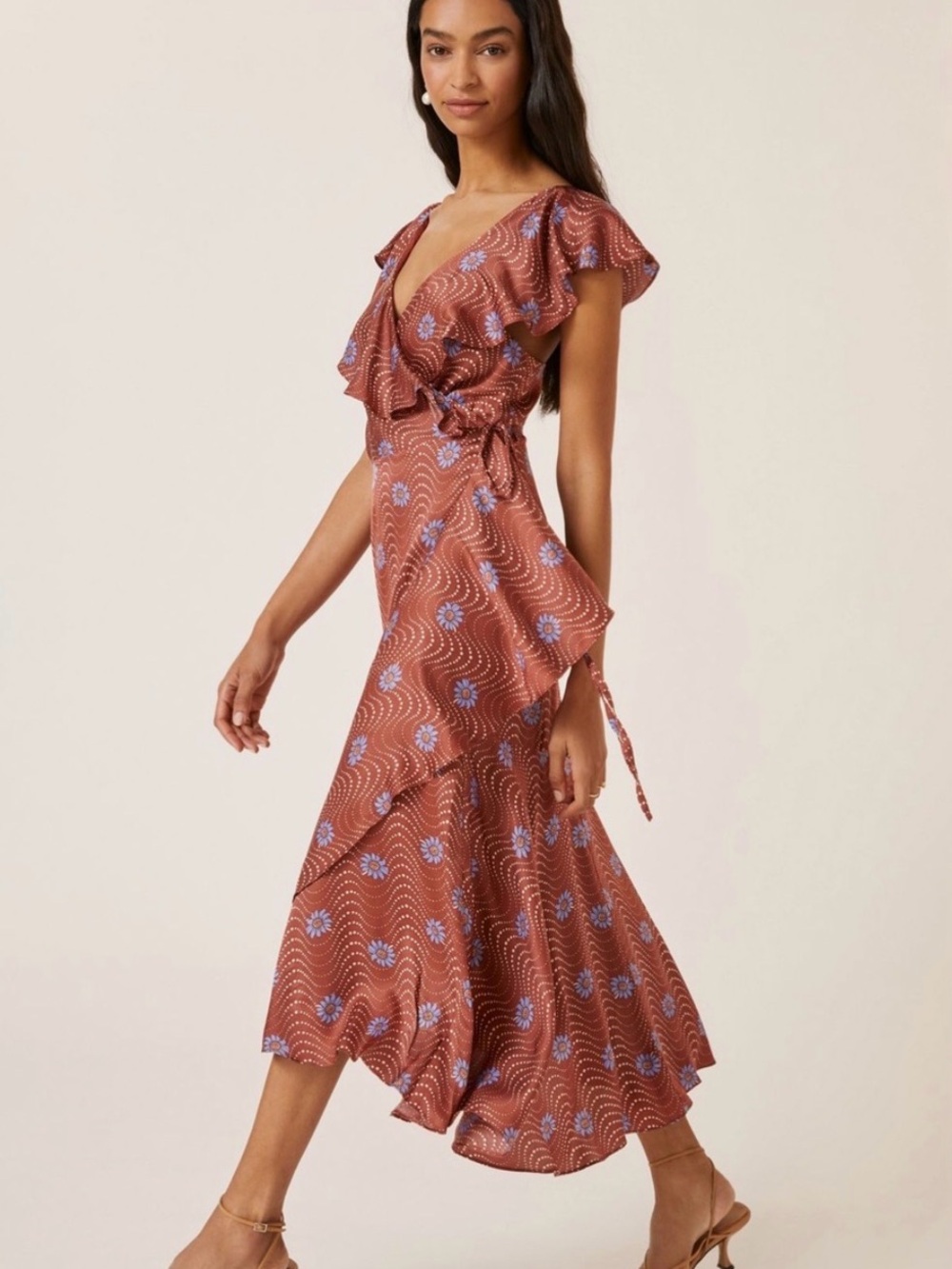 Anthropologie Rust Midi Wrap Dress with Blue Floral Print